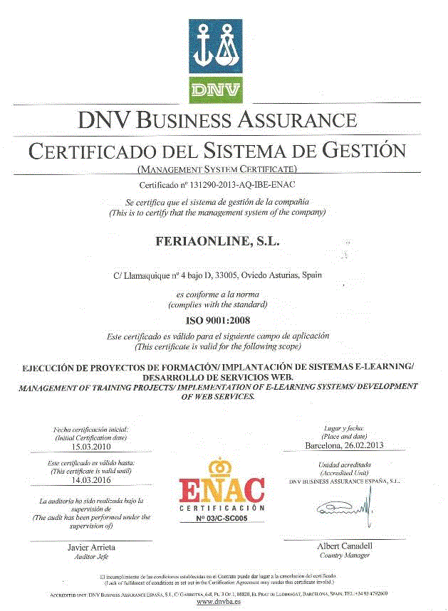 Det Norske Veritas, certificado del sistema de gestion ISO 9001:2008